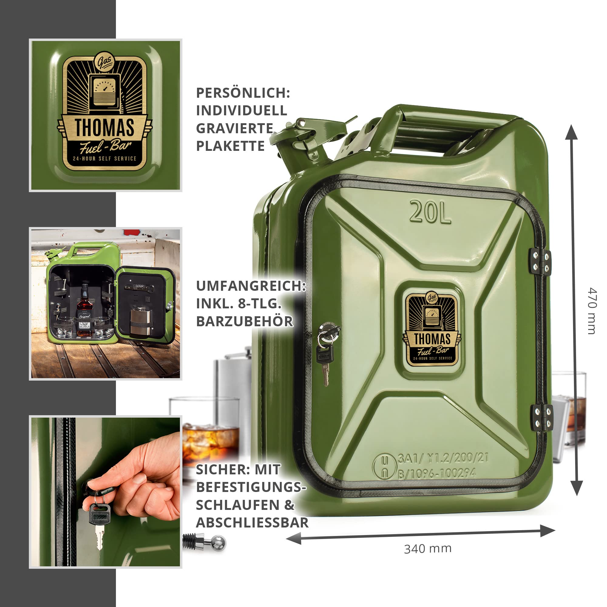 AMAVEL Kanister Bar 20 l mit Plakette und Namensgravur, Grüner Benzinkanister Minibar mit 8-teiligem Zubehör-Set, Barschrank im Vintage Look inkl. 2 Gläsern und Flaschenhalter