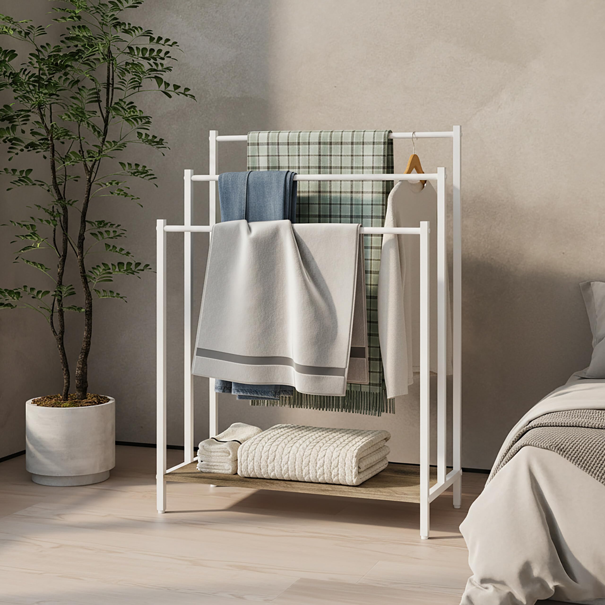 Relaxdays Porta Asciugamani con ripiano, Effetto Legno, 3 Barre, HxLxP: 81x60x28 cm, Naturale/Bianco