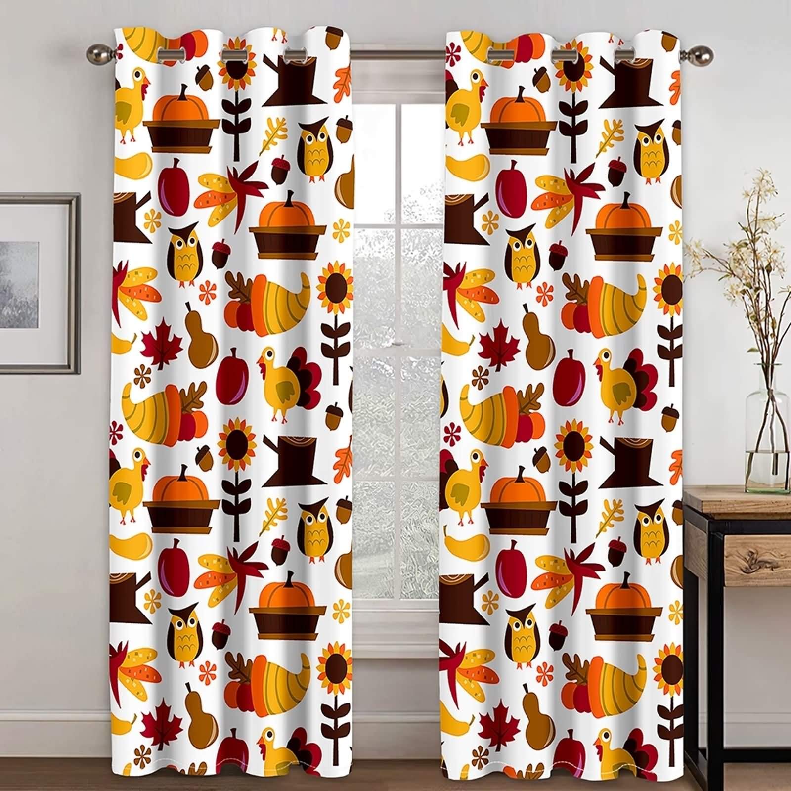 Rideau imprimé hibou tournesol citrouille en 107x183, voilage épais feuilles orange
