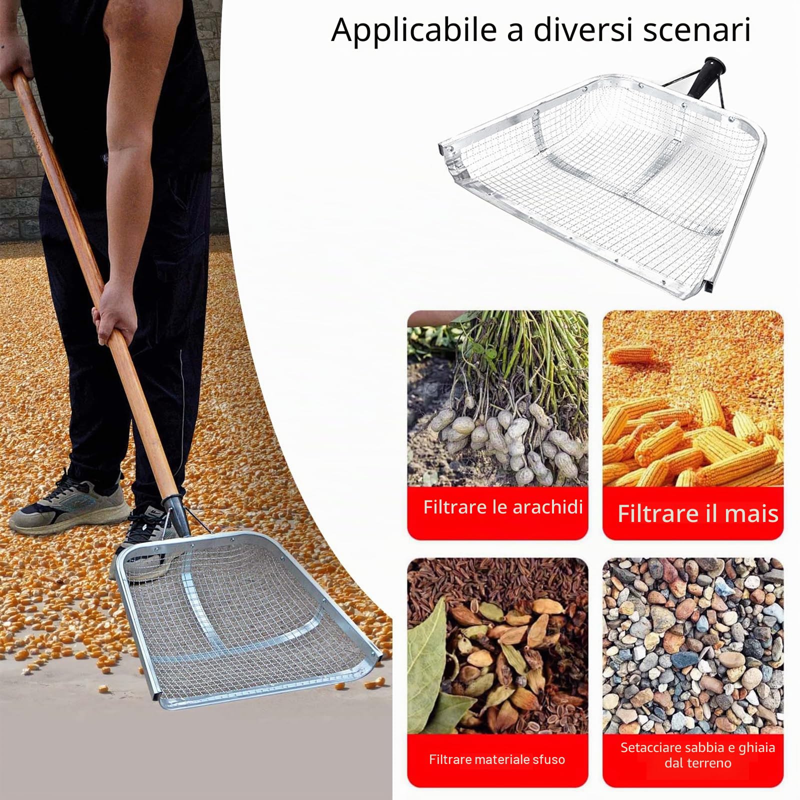 Robusta pala setaccio da fattoria con design ergonomico del manico setaccio per la raccolta semplifica la preparazione del terreno e la raccolta delle colture