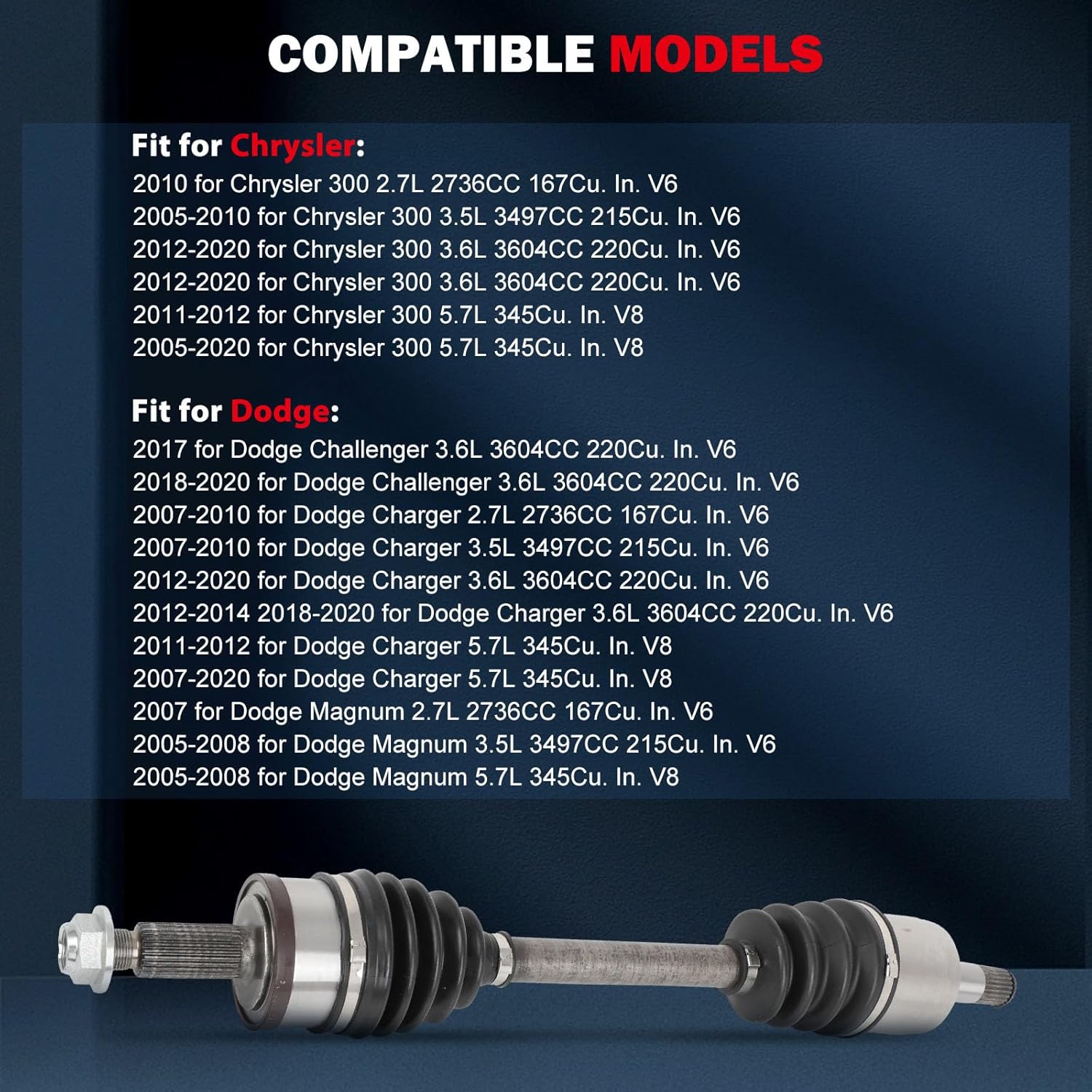 cciyu CV Axle Shaft Assembly for Chrysler for 300 2005-2023 for Dodge for Challenger 2018-2023 for Dodge for Charger 2007-2023 for Dodge for Magnum 2005-2008 663557 663558 (2 Packs)