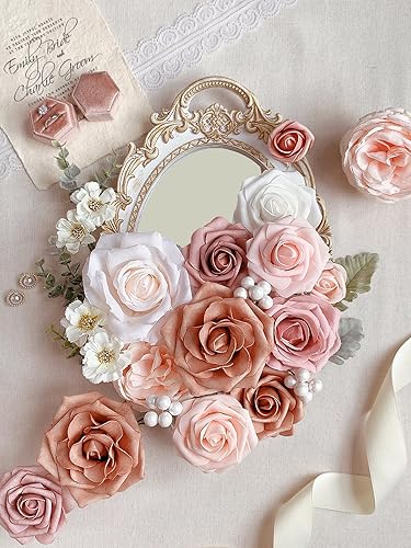 Vista 44 de White Rose Artificial Flowers Fake Flower Bulk with Stems for DIY Wedding Bouquet Bridal Baby Shower Centerpiece Table Decorations Silk Faux Floral