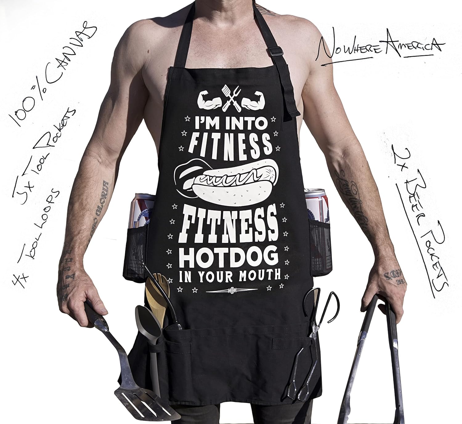 "FITNESS HOTDOG - Dirty Funny Trashy Sexy Nasty BBQ Apron - 100% Canvas - 5 Pockets - 4 Tool Loops - 2 BEER HOLDERS