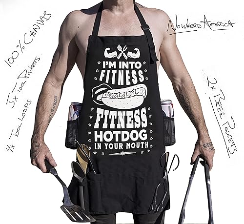 Miniatura 3 de "Fitness Hotdog" - Delantal de barbacoa sucio divertido y sexy desagradable - 100% lona - 5 bolsillos - 4 trabillas para herramientas - 2 soportes