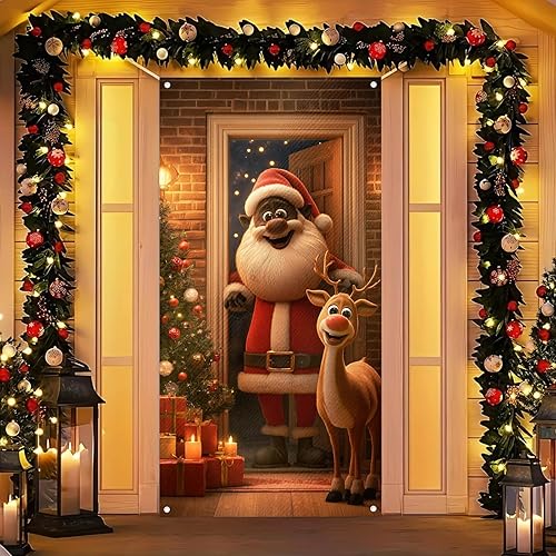 Miniatura 15 de Cubierta de puerta de Feliz Navidad de 71 x 35 pulgadas, pancartas para puerta de porche delantero, decoración de invierno, Papá Noel negro con la