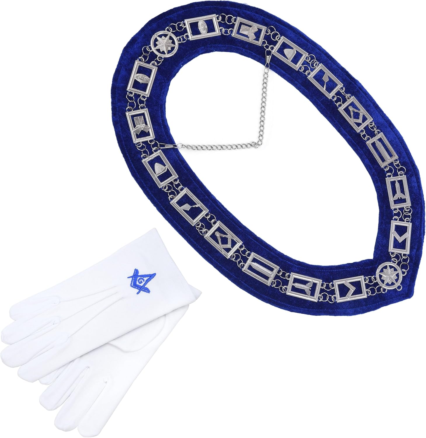 Masonic Regalia Master Mason Blue Lodge House Silver Metallic Chain Collar, Blue Backing With Free White Cotton Gloves Pair, Gift For freemason