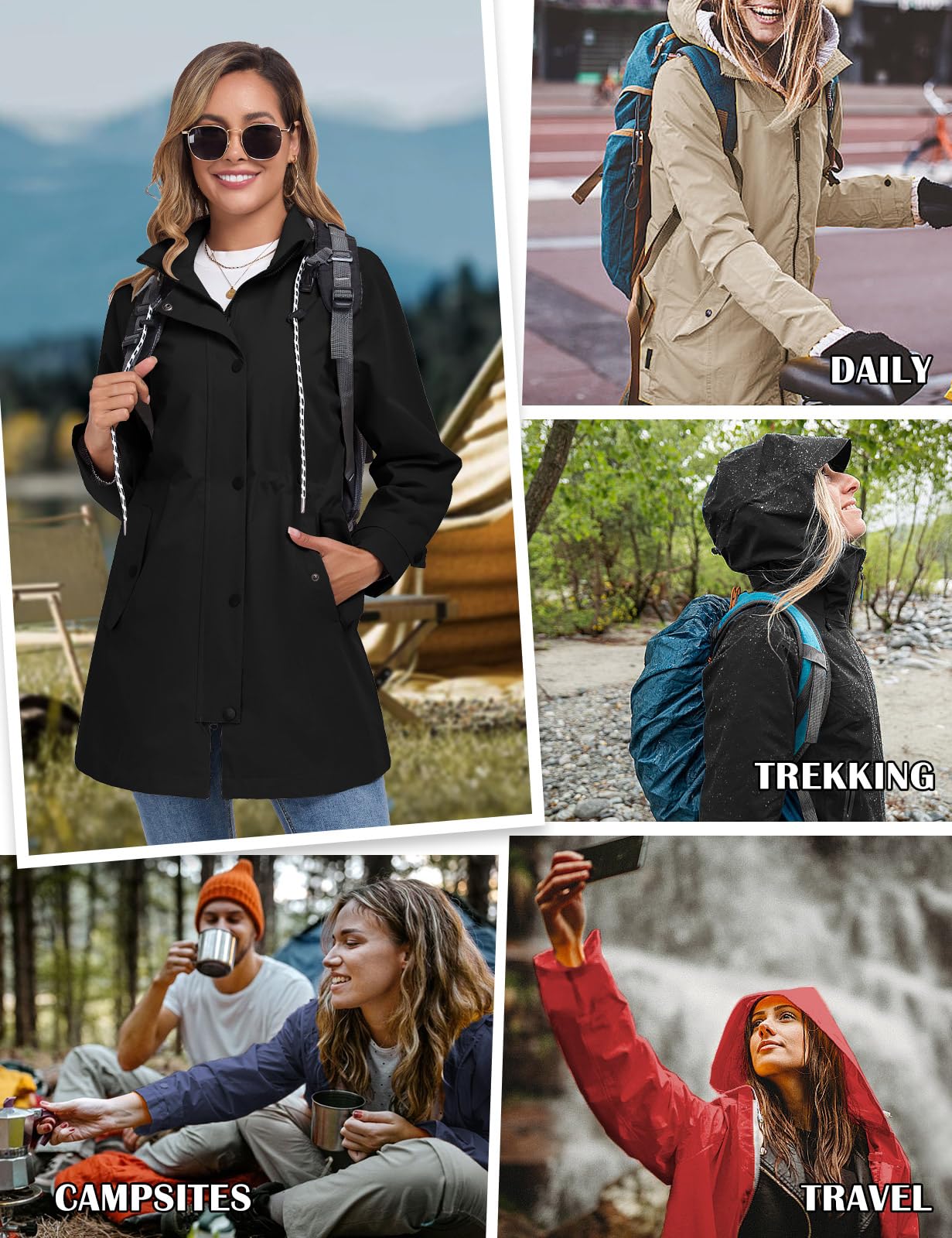 CMTOP Chubasquero Mujer Impermeable Largo Chaqueta con Capucha Al Aire Libre de Viento de Lluvia Abrigos Ligera Encapuchado Cortavientos Plegable Transpirable Cremallera Raincoat