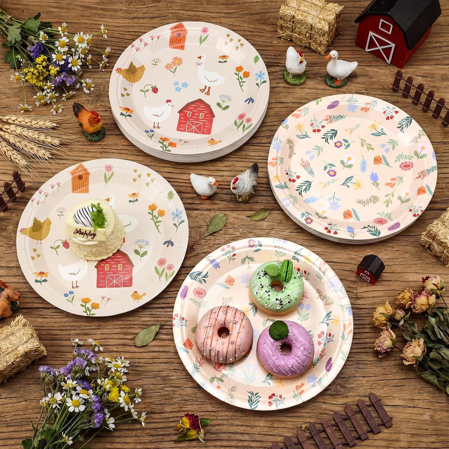 100 Pcs 9'' Garden Plates Farm Shed One Silly Goose Birthday Spring Decoration Flower Funny Chicken Disposable Paper Plates for Farmer Tea Party Baby Shower Garden Dessert Supplies