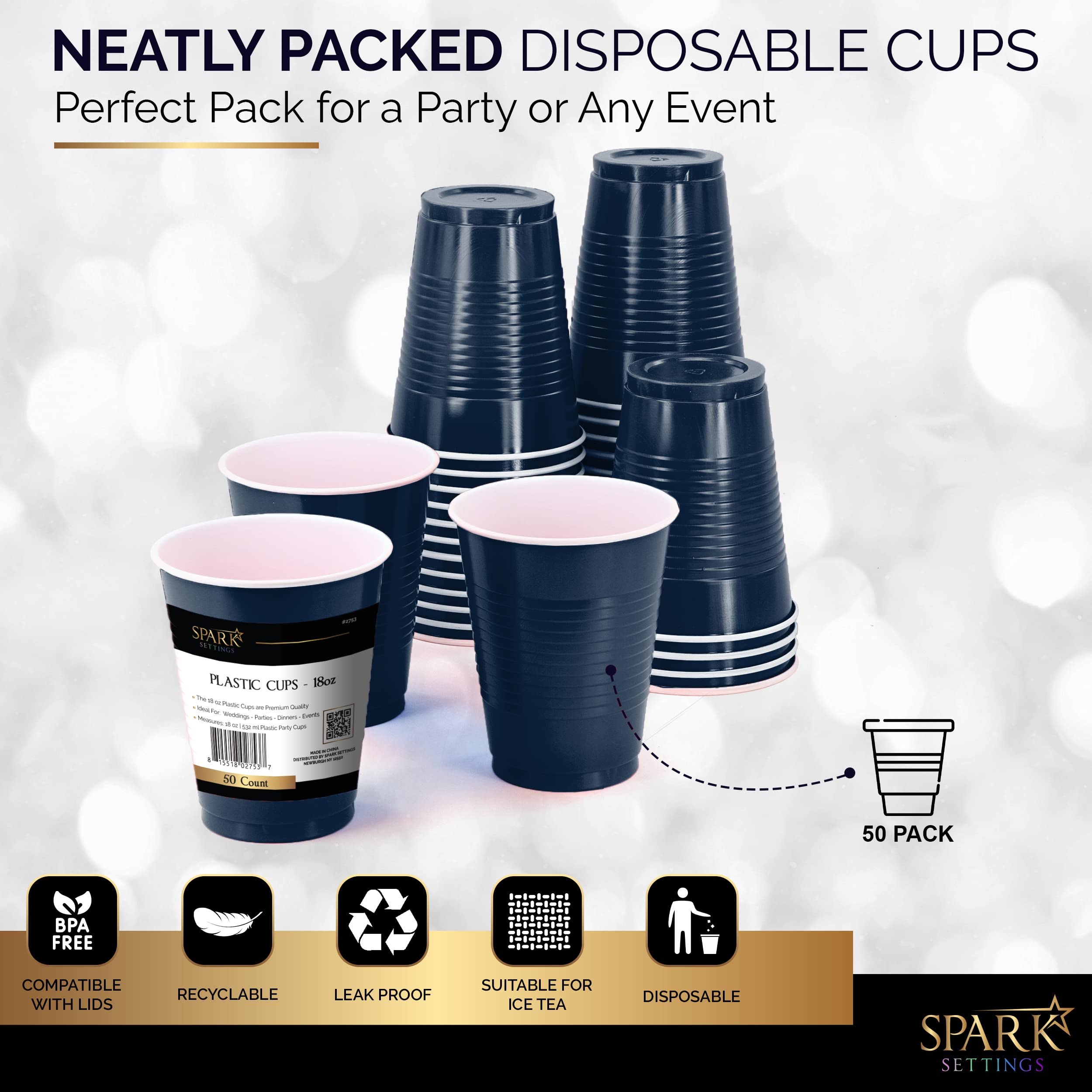 Amcrate Vasos de plástico desechables, vasos de plástico de color azul marino, vasos de plástico de 18 onzas, vasos desechables fuertes y resistentes para fiestas, bodas, Navidad, fiestas de