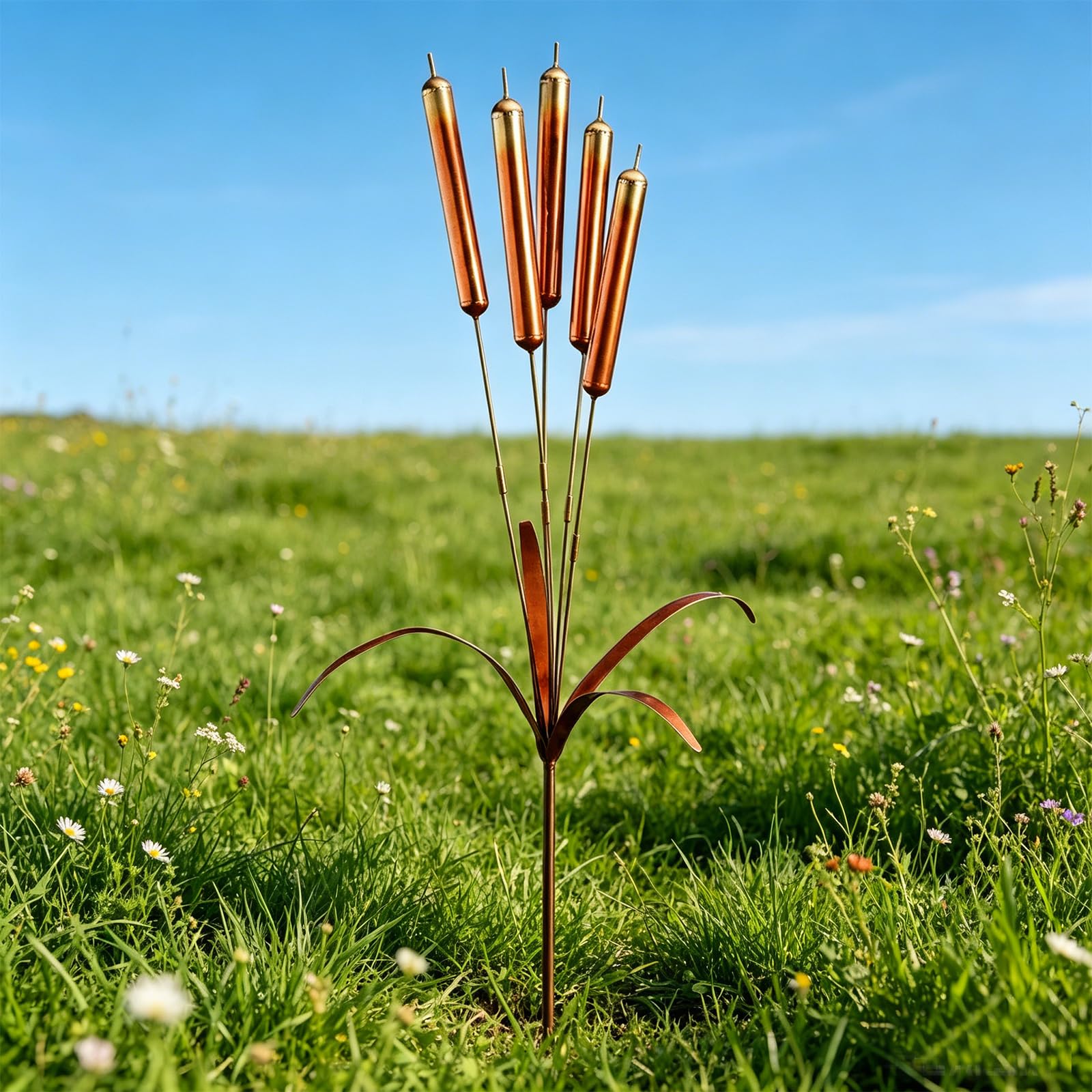 5-Head Copper Metal Cattail Garden Stake, Rust-Resistant Weatherproof Yard Wind Chime, Rustic Outdoor Art Pole for Garden Pathway Patio Lawn Backyard Decoration & Gardening Gifts