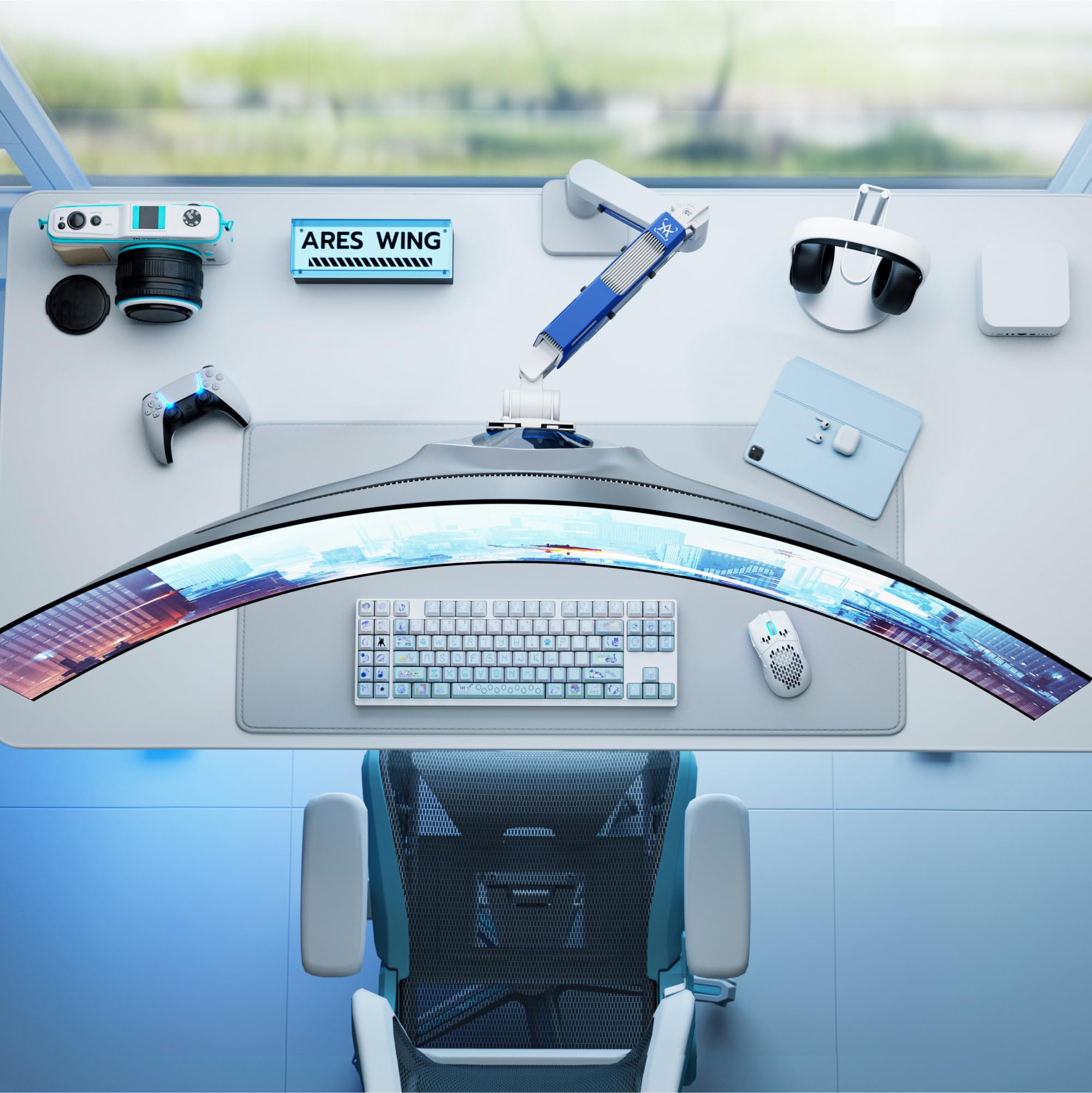 ARES WING Supporto per monitor Ultrawide 24 – 57 pollici, Bianco | braccio per monitor con molla a gas, altezza regolabile, portata massima 30 kg, VESA max fino a 200 x 200