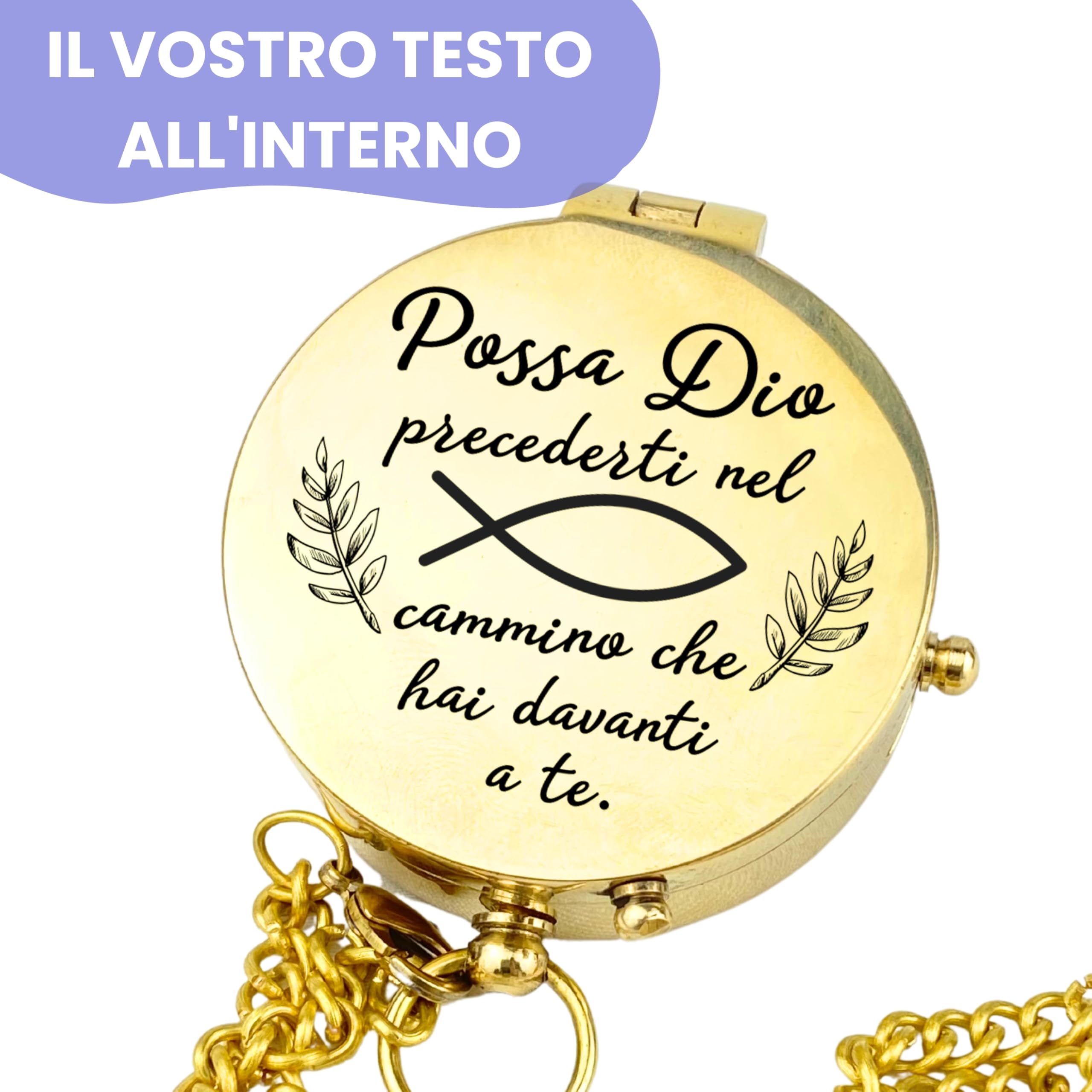 Bussola personalizzata con incisione, motivo chiesa e testo desiderato, idea regalo per battesimo, comunione, cresima