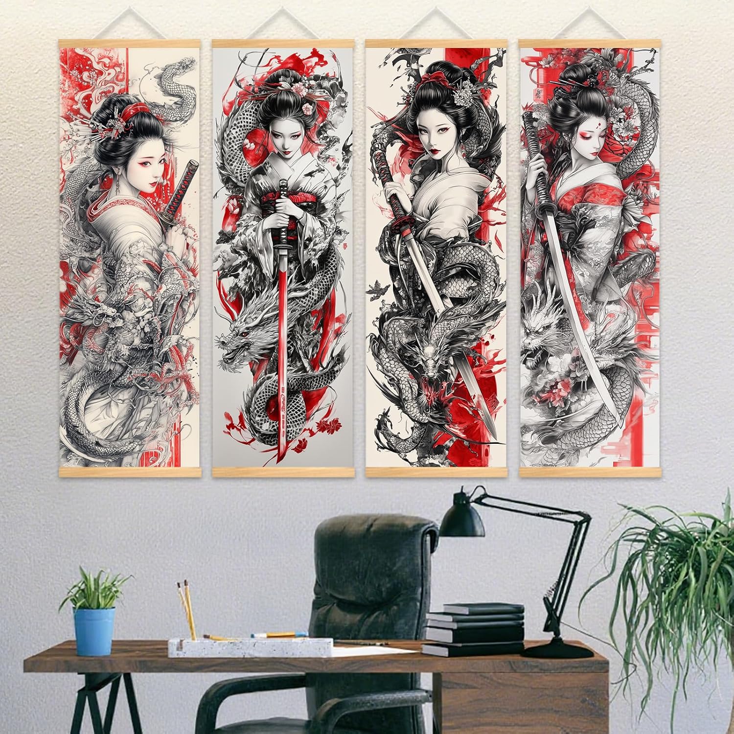 Pennimor 4-Piece Japanese Wall Art, 11.81x35.43in Dragon and Katana Geisha Canvas Prints, Red and Black Asian Wall Decor for Living Room Bedroom Office, Samurai Oriental Painting Frameless Set image 5
