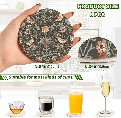 Miniatura 3 de innewgogo Flowers Birds 6 Pcs Absorbent Drink Coasters for Tabletop Protection Handmade Round Woven Coaster with Holder & Heat Water Resistant Bulk