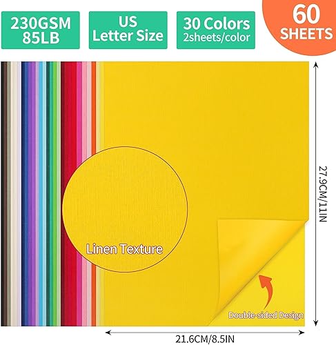 Miniatura 2 de 60 hojas de cartulina de colores texturizados, 8.5 x 11.0 pulgadas, 30 colores, 85 libras, 8.11 oz/m², 8.5 x 11.0 in, papel pesado para tarjetas de