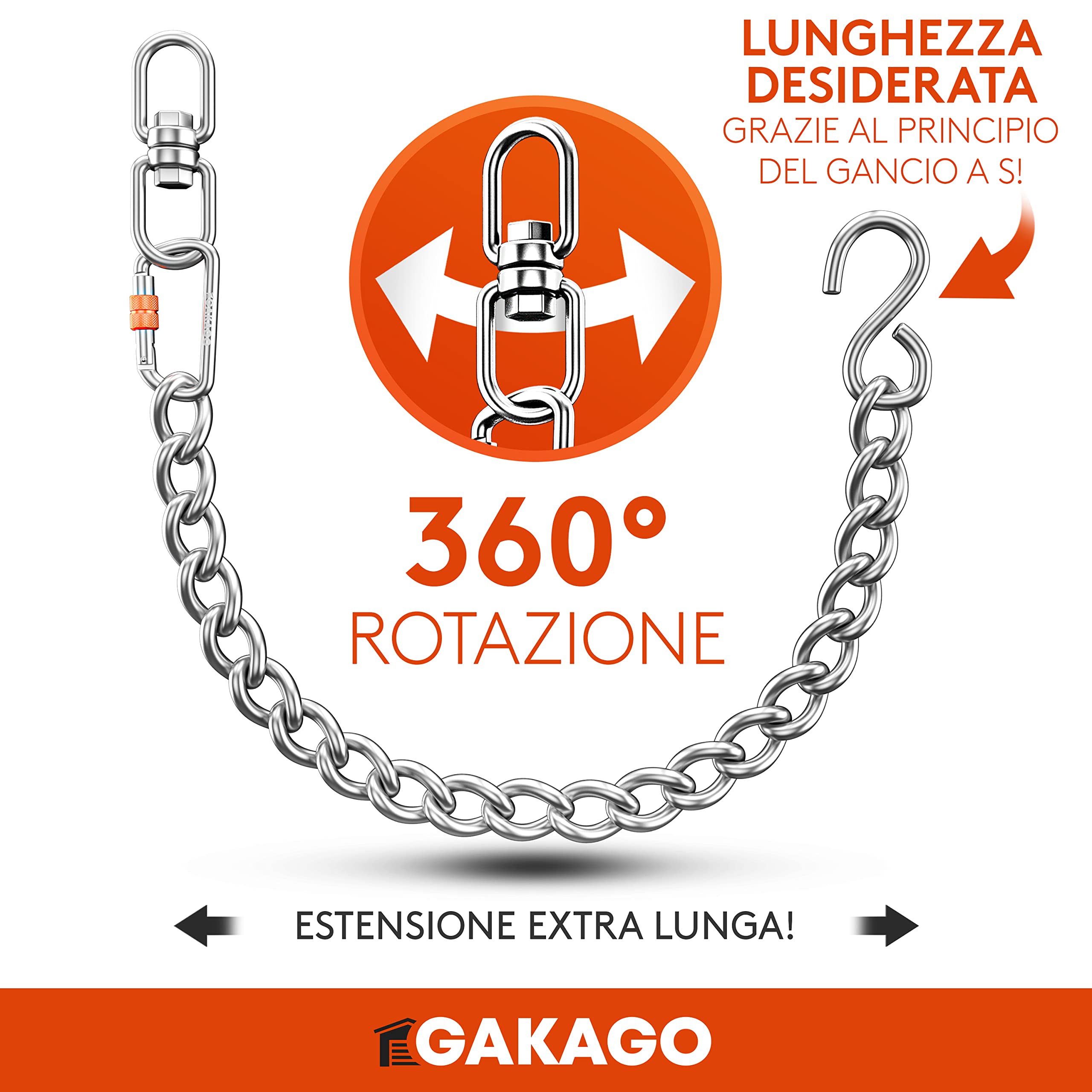 Gakago Catena di prolunga Come Catena per Sedia sospesa, prolunga per Altalena, Supporto per Sacco da Boxe - Catena in Acciaio con Gancio a S, girella e moschettone - Anche per Esterni