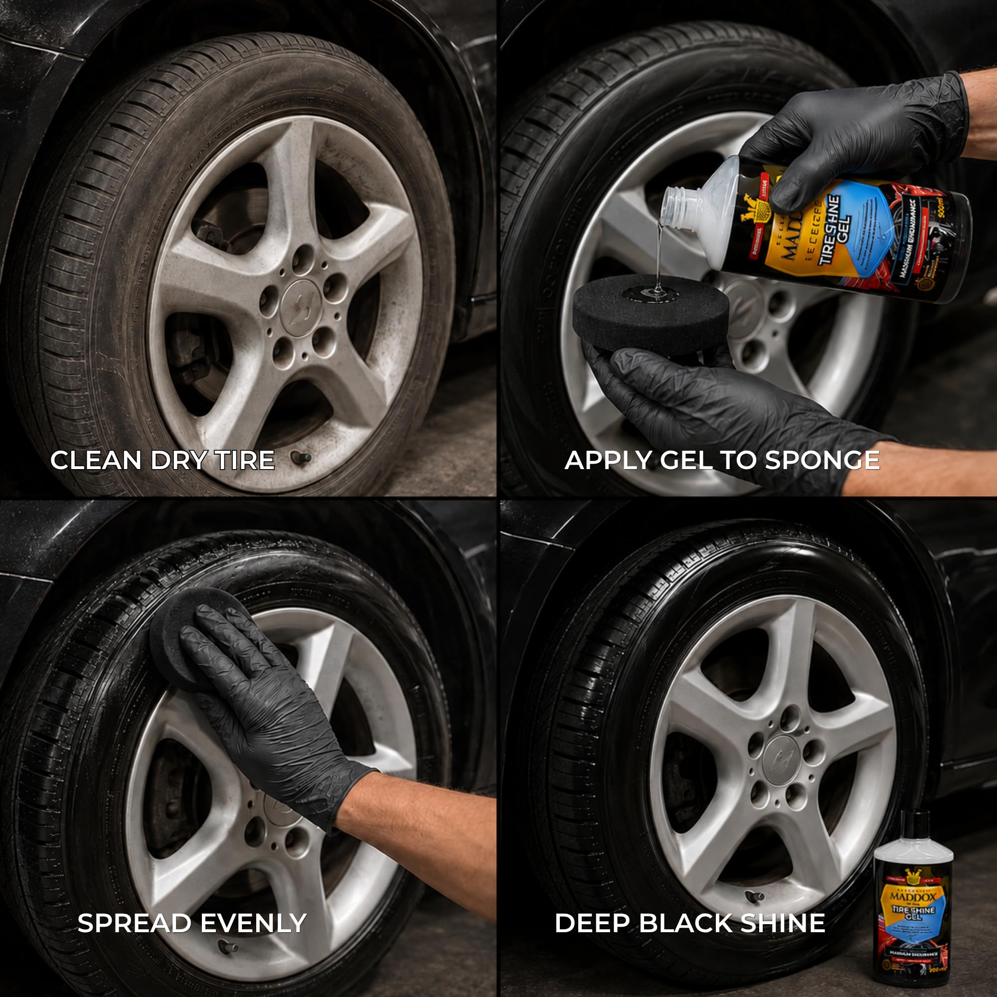 Maddox Detail - Tire Shine Gel 500ml | Idratante per Plastiche Auto | Lucidante per Pneumatici | Idratante per Gomme Auto con Funzione Protettiva e Rinnovatrice | Contro Inquinamento e Raggi Solari