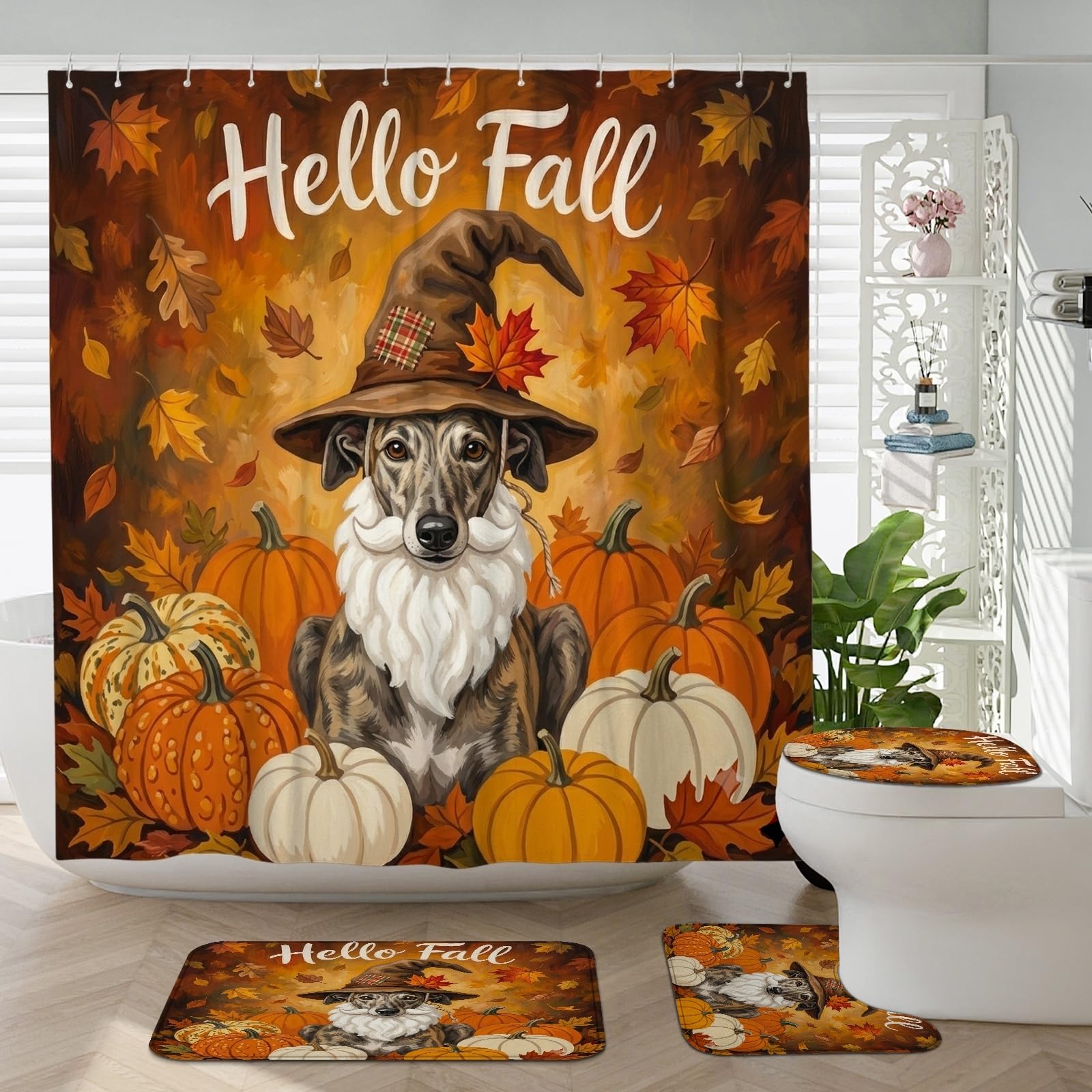 Rideau de douche 183x183 cm avec tapis de bain lévrier automne et ensemble d'accessoires WC