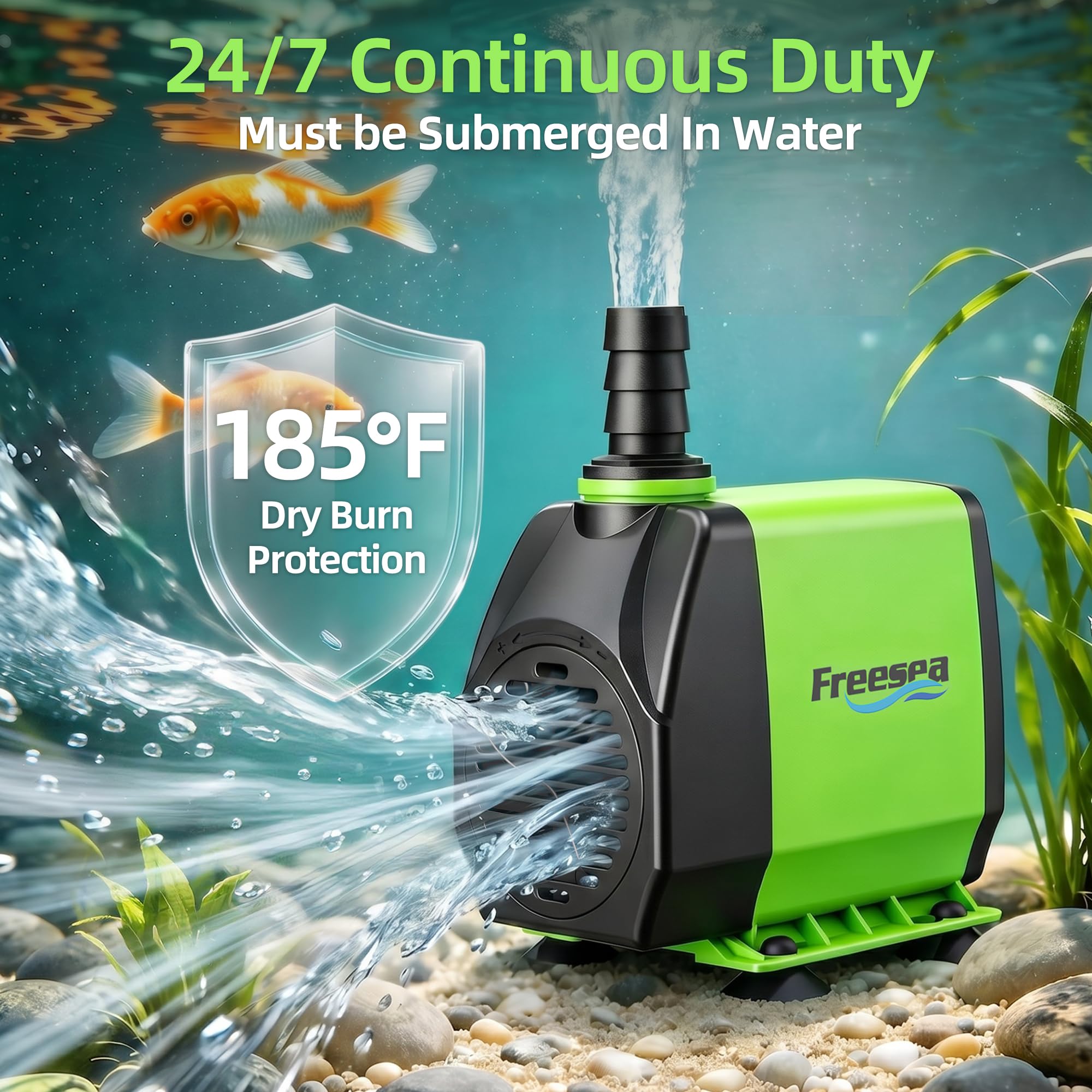 FREESEA Piccola pompa per laghetto da 800 GPH: circola uno stagno da 500-1200 galloni in 1-2 ore | Funzionamento affidabile 24/7 per acqua cristallina e Koi sano - Motore silenzioso da 45 W con flusso regolabile