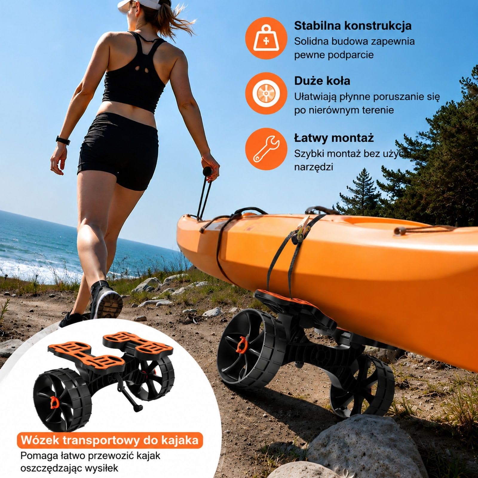 Składany wózek do kajaka z ramą nylon TPR, kołami z pełnej gumy i paskiem zapadkowym do kajaków, kanadyjek i desek paddleboard