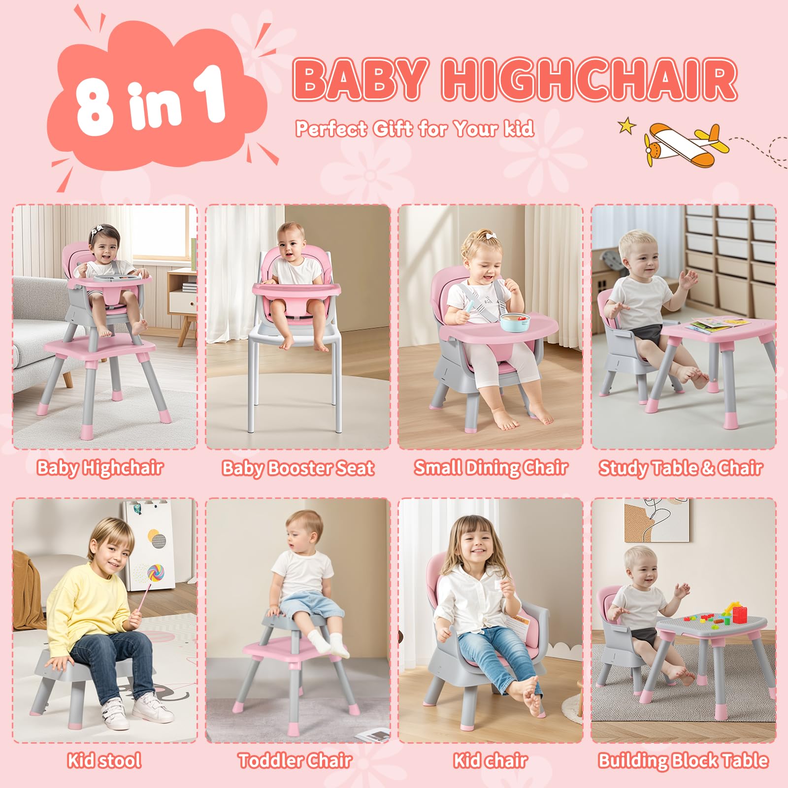 Kinder King 8 in 1 Baby High Chair, Coverts to Dining Booster Seat/Kids Table & Chair Set/Toddler Building Block Table/Kids Stool, Removable Tray & Double Seat Cover, Easy to Wipe, Grey & Pink
