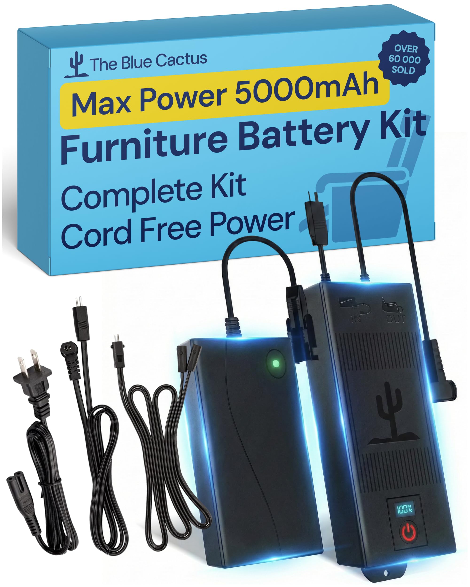 The Blue Cactus Max Power 5000mAh Kit - Battery, Power Transformer, Cords - 2-Pin Connector - Wireless with LED & Low Charge Alert - Couch Battery Pack for Reclining Chairs, Sofas & Loveseats
