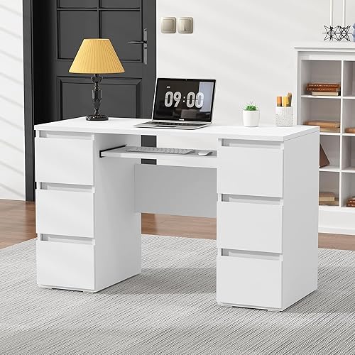 Miniatura 8 de Escritorio para computadora con 6 cajones, escritorio de oficina en casa de 47 pulgadas con estante de almacenamiento y teclado, escritorios de
