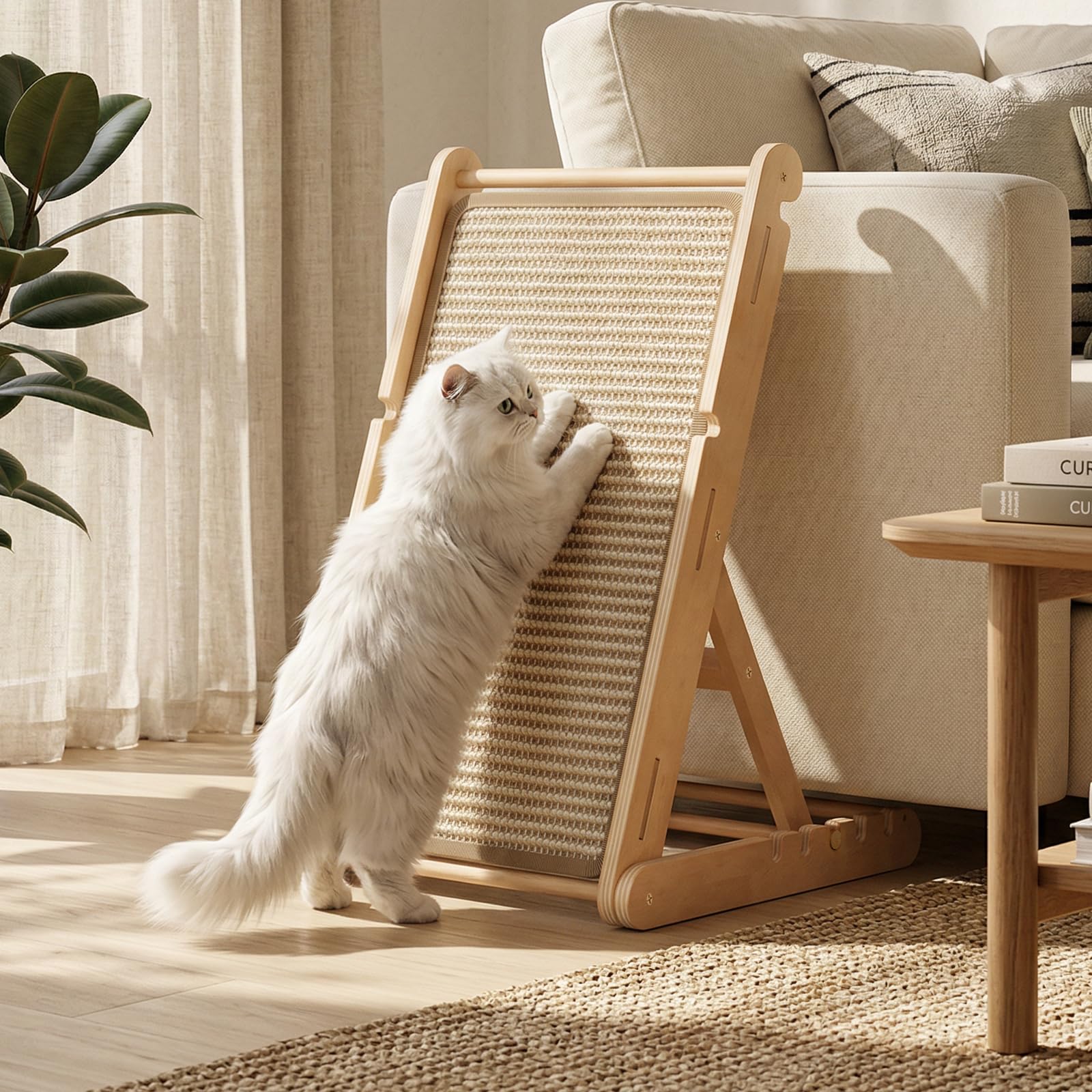 X XBEN Grattoir en Bois pour Chat, 60cm de Haut Griffoir Chat Pliable avec 5 Hauteurs Réglables, sans Montage, Forme de L Planche à Gratter en Sisal Naturel pour Préserve Canapé et Mur