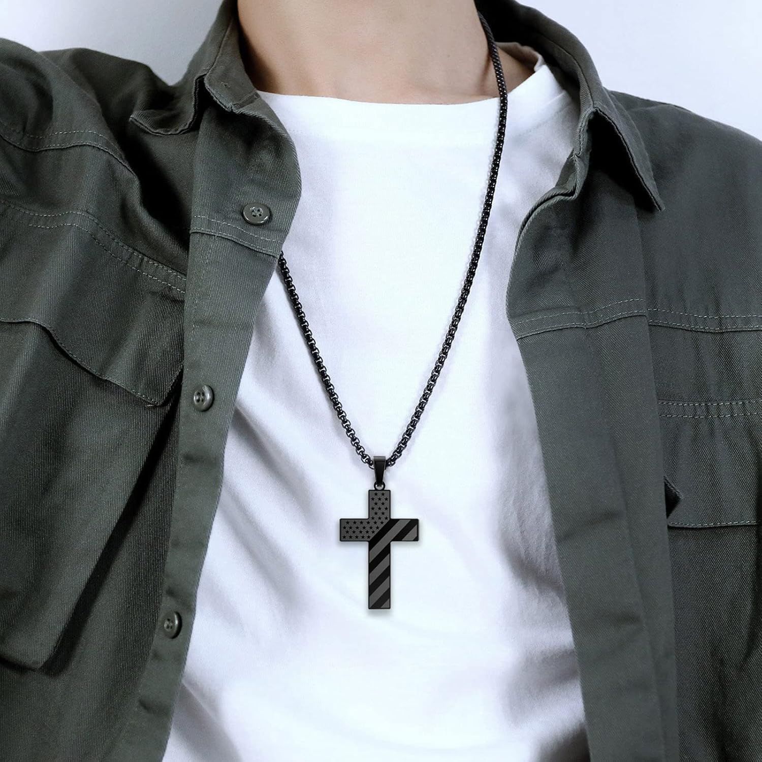 HOFOYA American Flag Black Cross Stainless Steel Faith Jesus Chain Necklace With Bible Verse Christ Pendant Jewelry for Men Womens. - Image 2