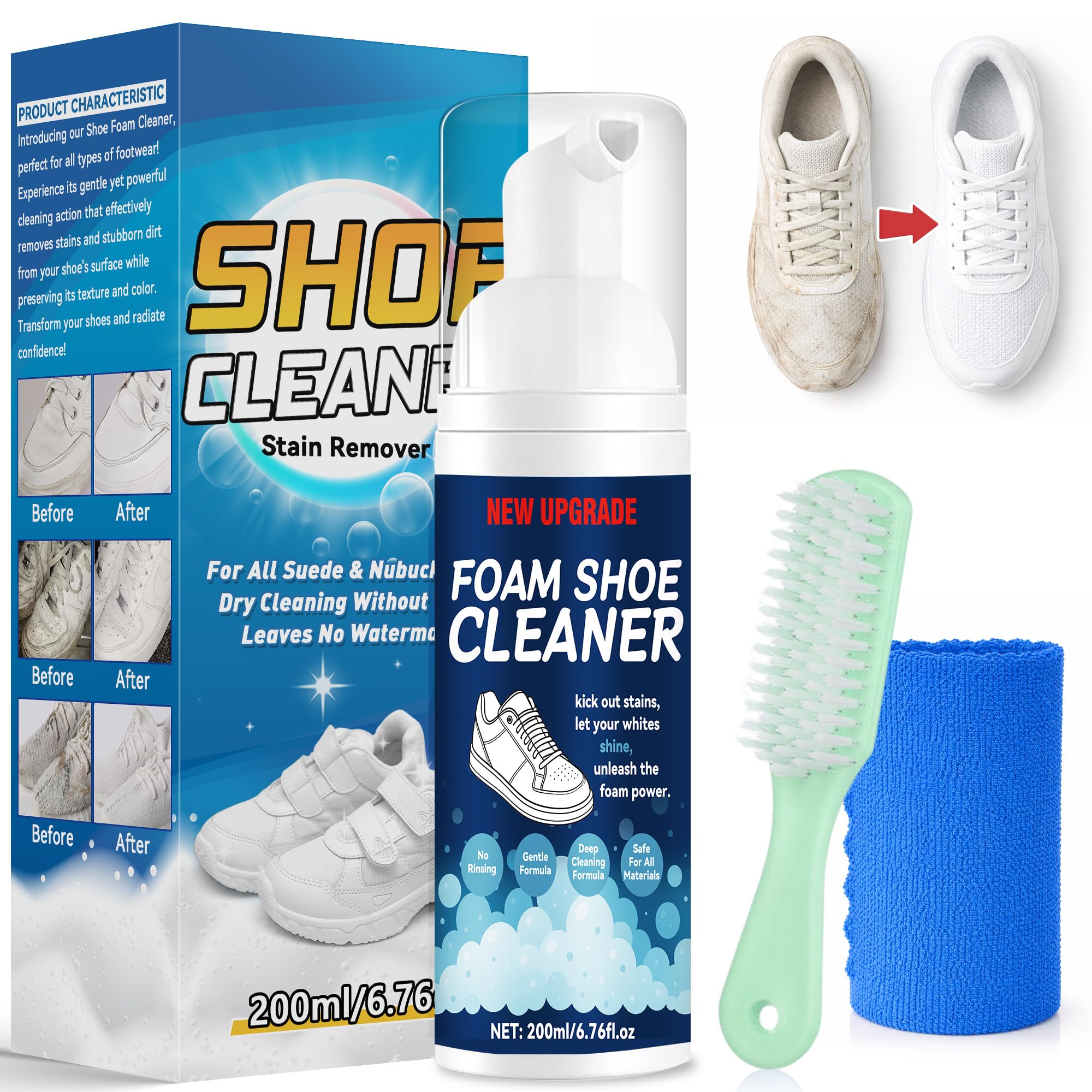 Nettoyant Chaussure, kit nettoyage chaussure blanc pour baskets (200 ml) avec brosse et chiffon microfibre. Permet un nettoyage rapide et sans eau des chaussures en cuir, toile, maille, caoutchouc