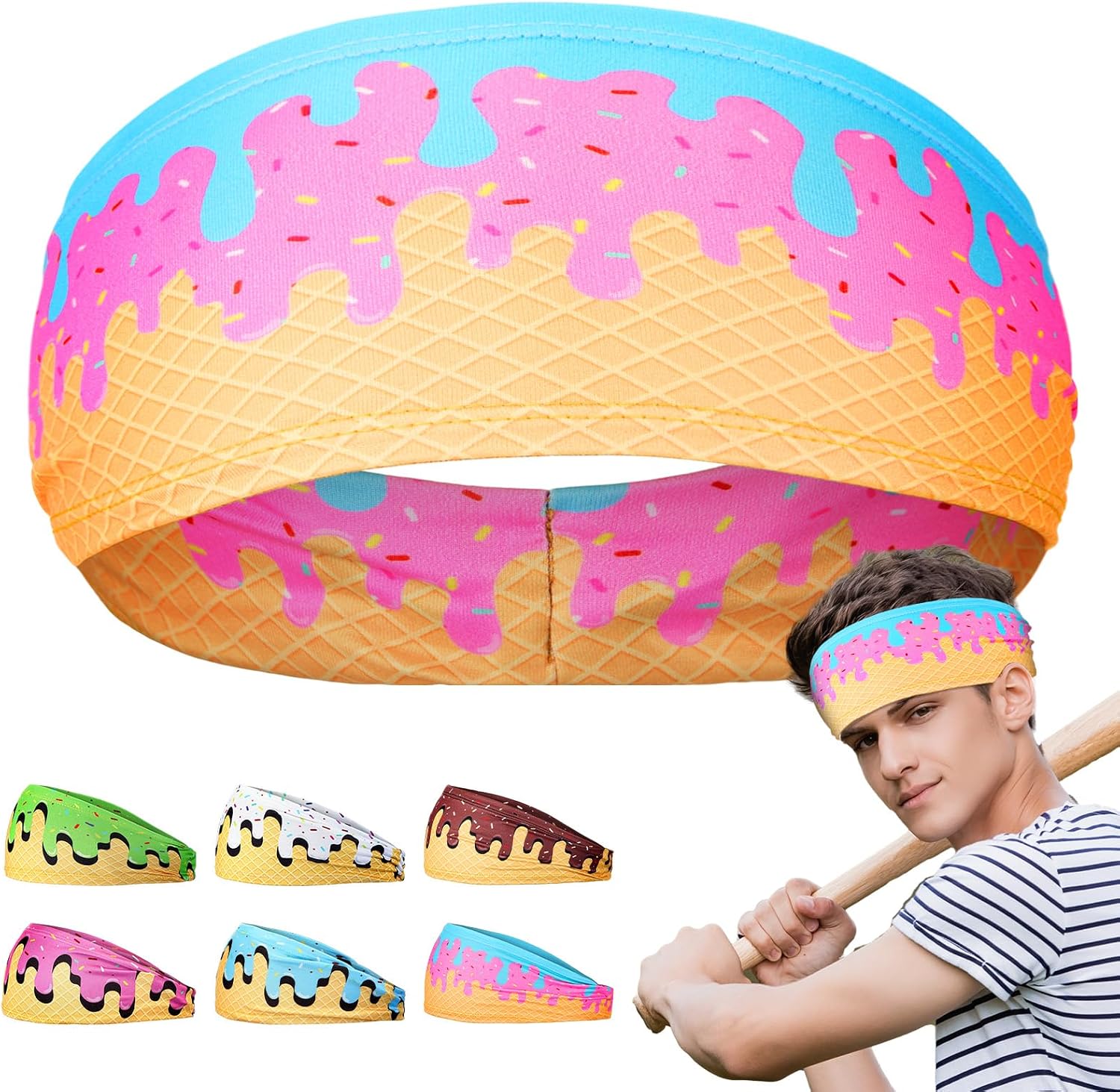 Suncalla Baseball Headband Ice Cream Headband Baseball Ice Cream Drip Athletic Sweatband Workout Hairband Breathable Soft Elastic for Men Women Adults