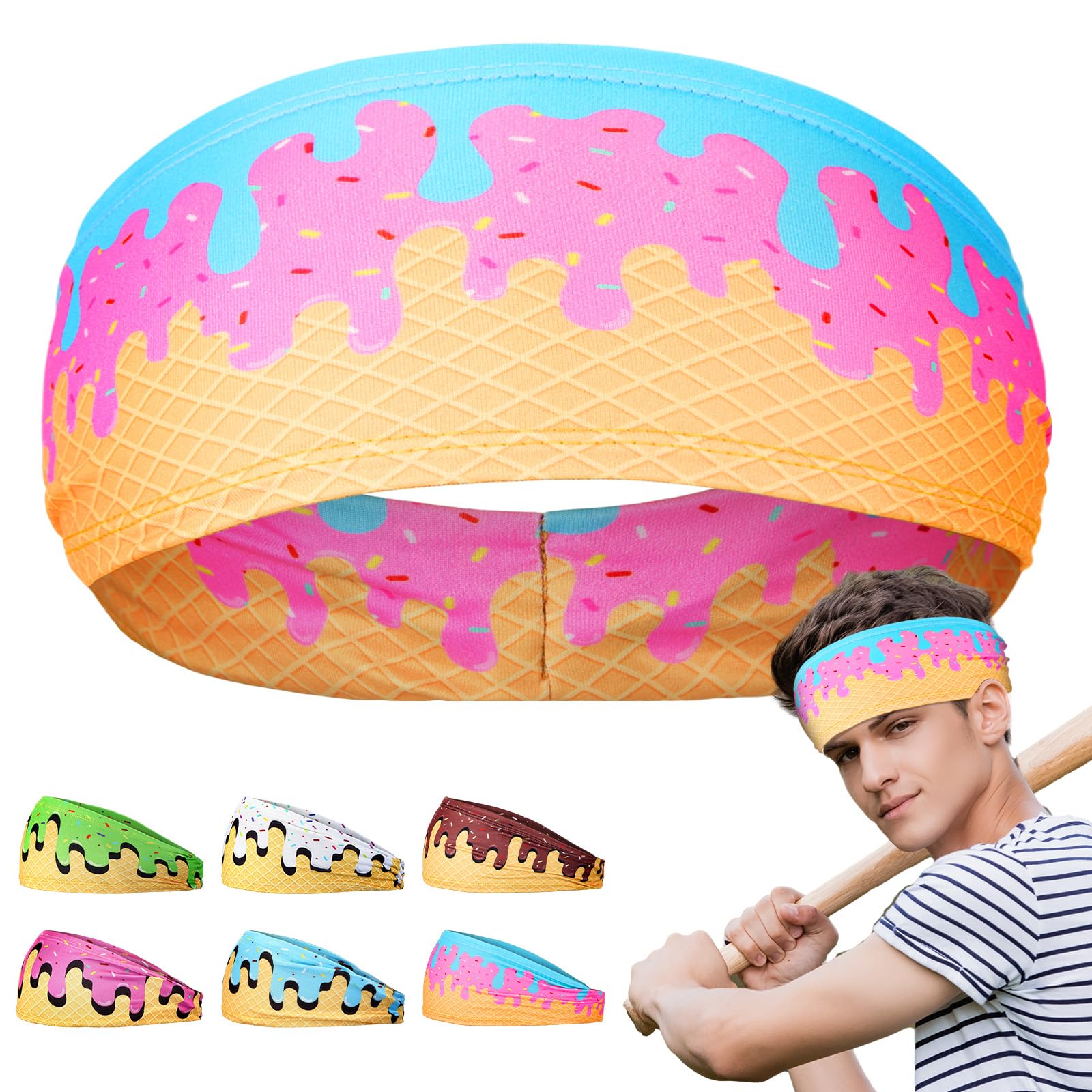 Suncalla Ice Cream Headband Baseball Athletic Sweatband Workout Hairband Breathable Soft Elastic for Men Women Adults (1 Pcs,Pink & Blue)-picture-11