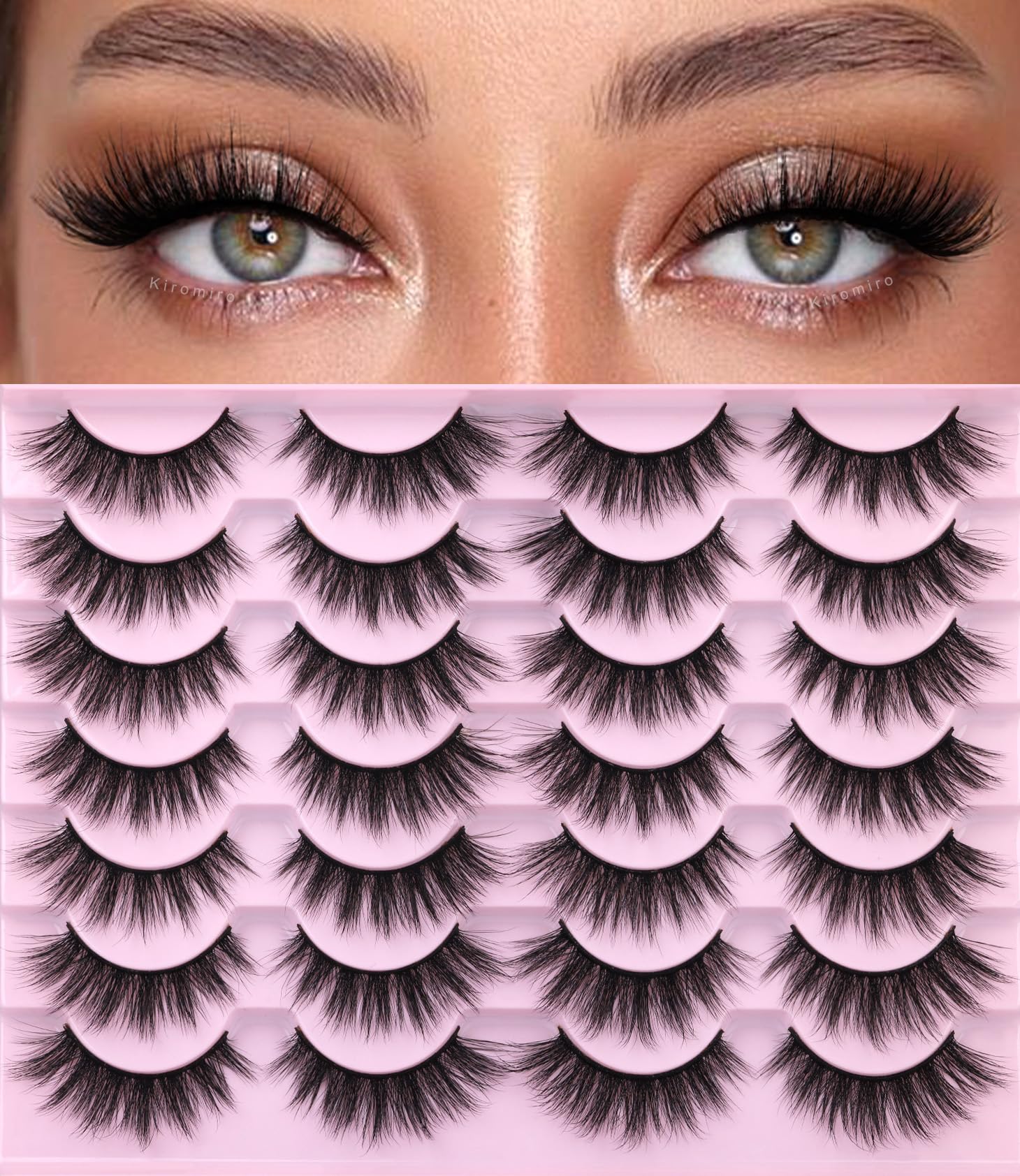 EyeLashes Natural Look 16mm Faux Mink Lashes 3D Cat Eye Wispy Eyelashes 6D Volume False Lashes Pack by Kiromiro