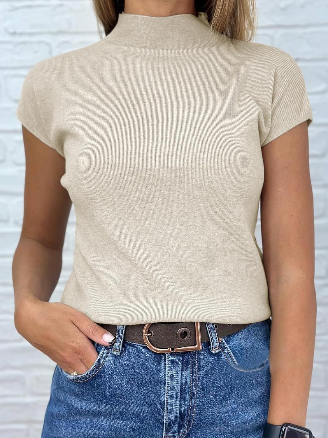 Saodimallsu Womens Short Sleeve Sweater Mock Neck Summer Casual Basic Knit Slim Fitted Pullover Tops Shirt - Image 2