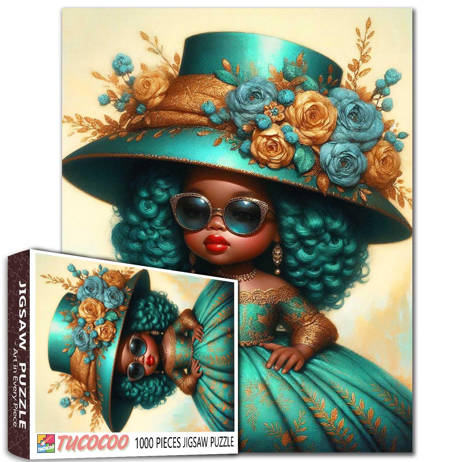 Elegant Doll 1000 Piece Puzzle for Adults Stylish Black Girl Jigsaw Teal Dress and Floral Hat Fashion Puzzles for Women Vintage Glam Art Puzzle Aesthetic Challenging Gift Home Decor 27x20 Inch — image 1