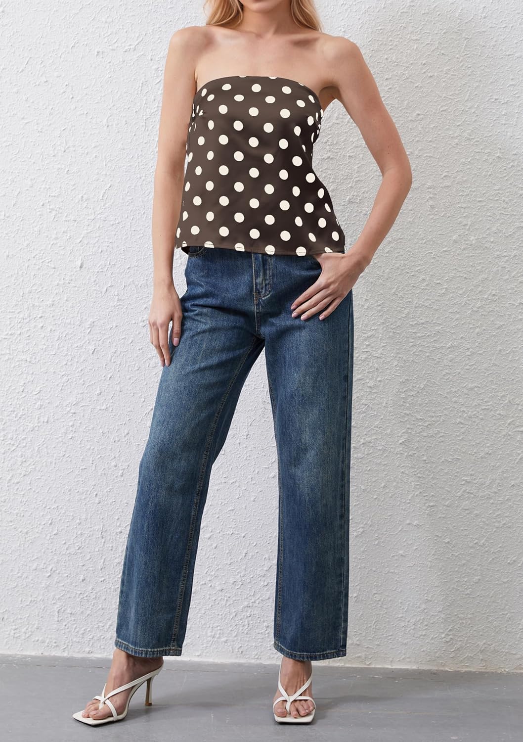 Womens Polka Dots Strapless Satin Tube Tops Casual Cute Off Shoulder Shirts Sleeveless Bandeau Tops Y2k Summer Silk Tank Tops - Image 4