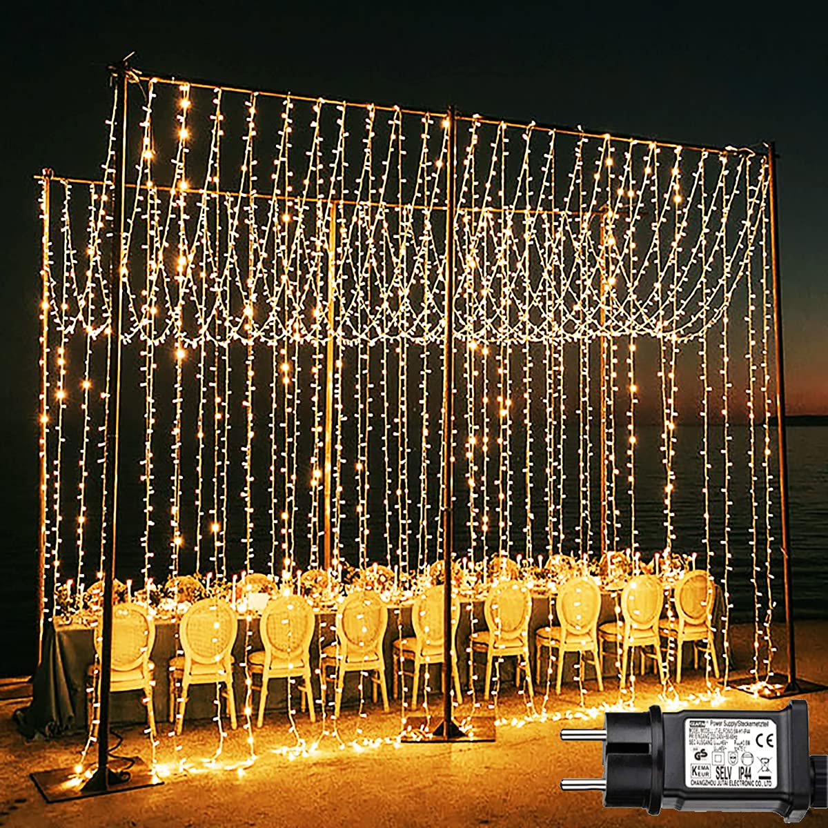 Joycome Tenda Luminosa 2 Pezzi 600 LED Luci Natale Esterno Cascata, 6x3m Tenda Luci Impermeabilità IP65 con 8 Modalità, Addobbi Natalizi per Matrimoni, Feste, Giardino, Interni, Murali - Bianco Caldo