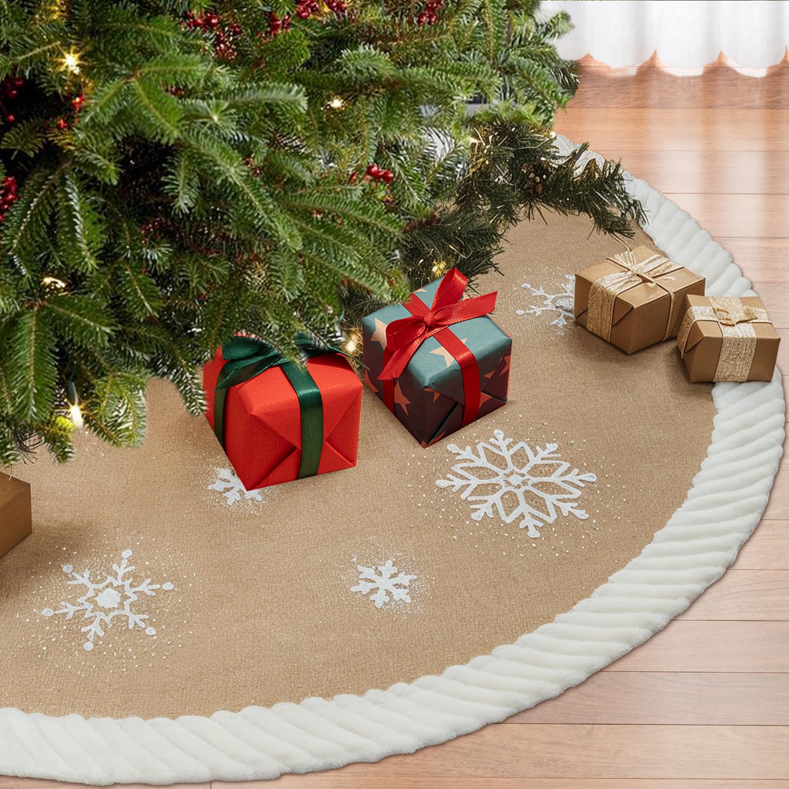 OurWarm Christmas Tree Skirt 60 inches, Burlap Tree Skirt for 7.5 ft Tree to 9 ft Tree, Large Snowflake Tree Skirt with Faux Fur, Xmas Tree Skirts for Winter Indoor Holiday Christmas Tree Decor