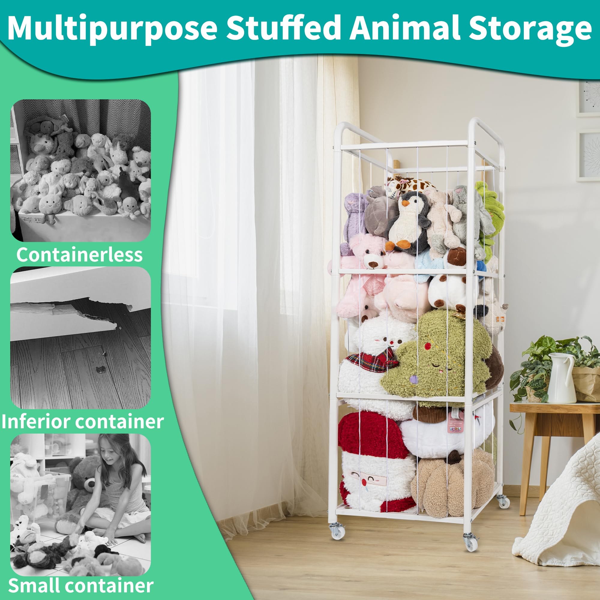 AKOZLIN Kuscheltier Aufbewahrung,Extra große Kapazität, | 360° Bremse-Räder, Metallene Kippschutzbänder, Für Kinderzimmer & Wohnzimmer