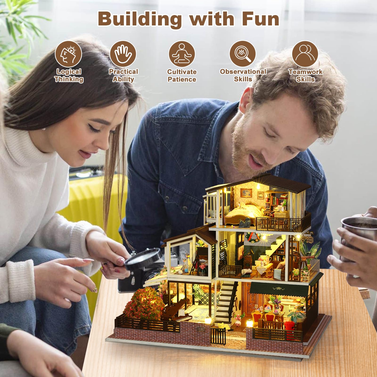 DIY Miniatur Haus, Mini 3D Holzpuzzle Puppenhaus Modell Set mit LED Spieluhr, Romantische Villa Tiny Haus Bücherregal Deko Bastelset, Geburtstag Geschenk für Erwachsene Frauen Männer