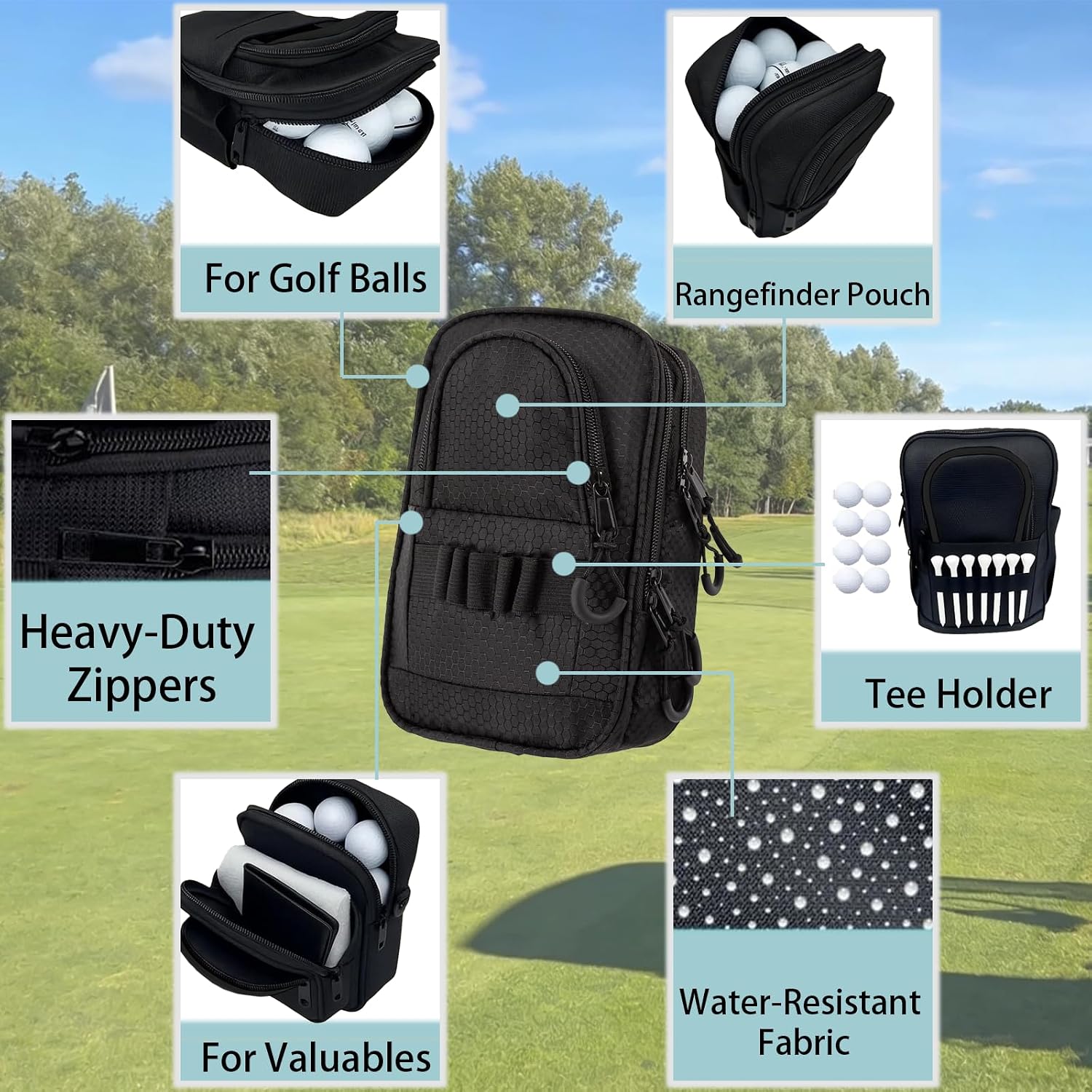 Golf Ball Bag Pouch + Green Ball Pendant, Golf Valuables Pouch & Golf Ball Carrier Bag with 3 Zipper Pockets, Large Capacity Multiple Compartments, Store 12-15 Balls,Male and Female Player Gifts