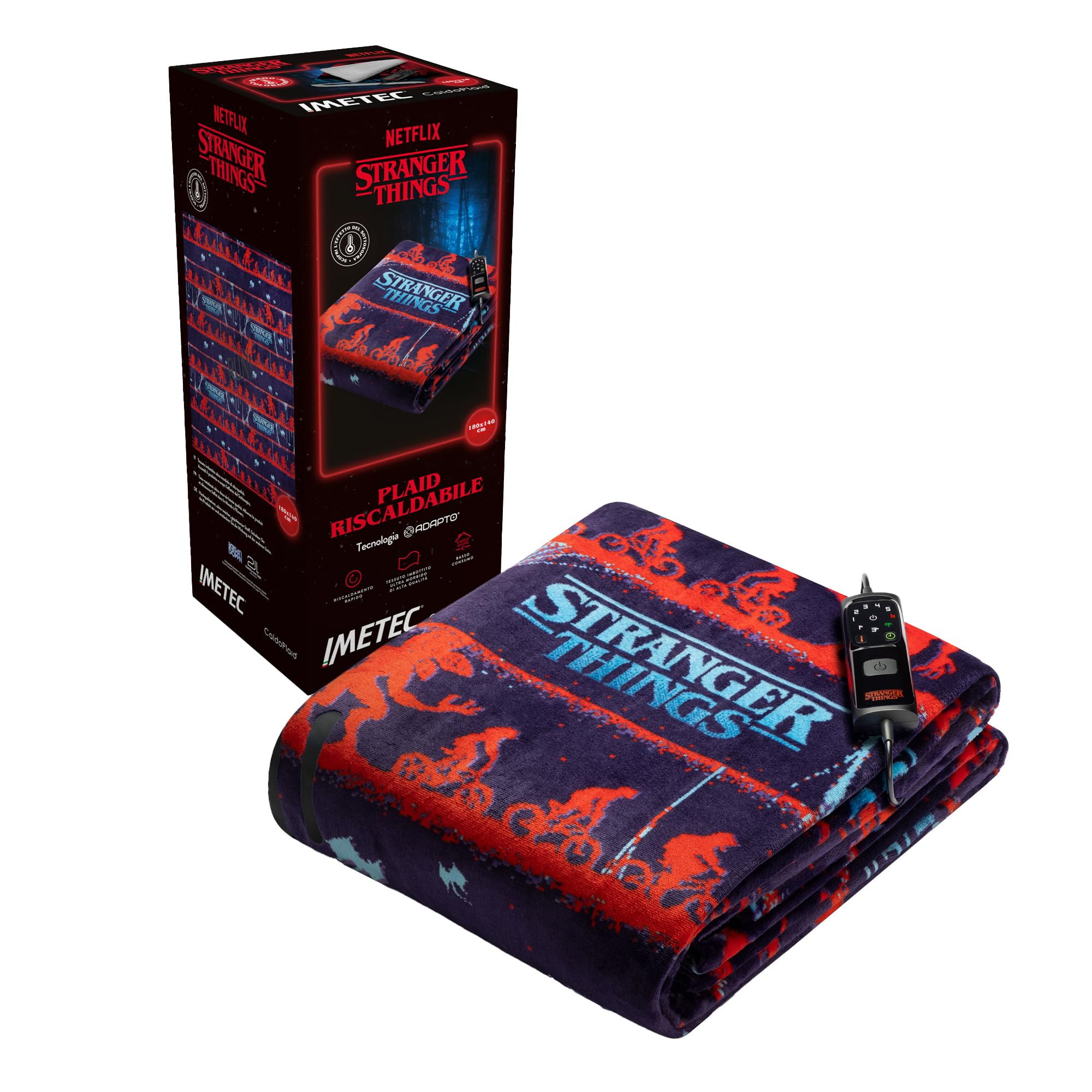 Imetec - CaldoPlaid Stranger Things XL Riscaldabile 180x140cm - Velvet Morbido, Termocromatica, 6 Temperature, Basso Consumo - RUN!