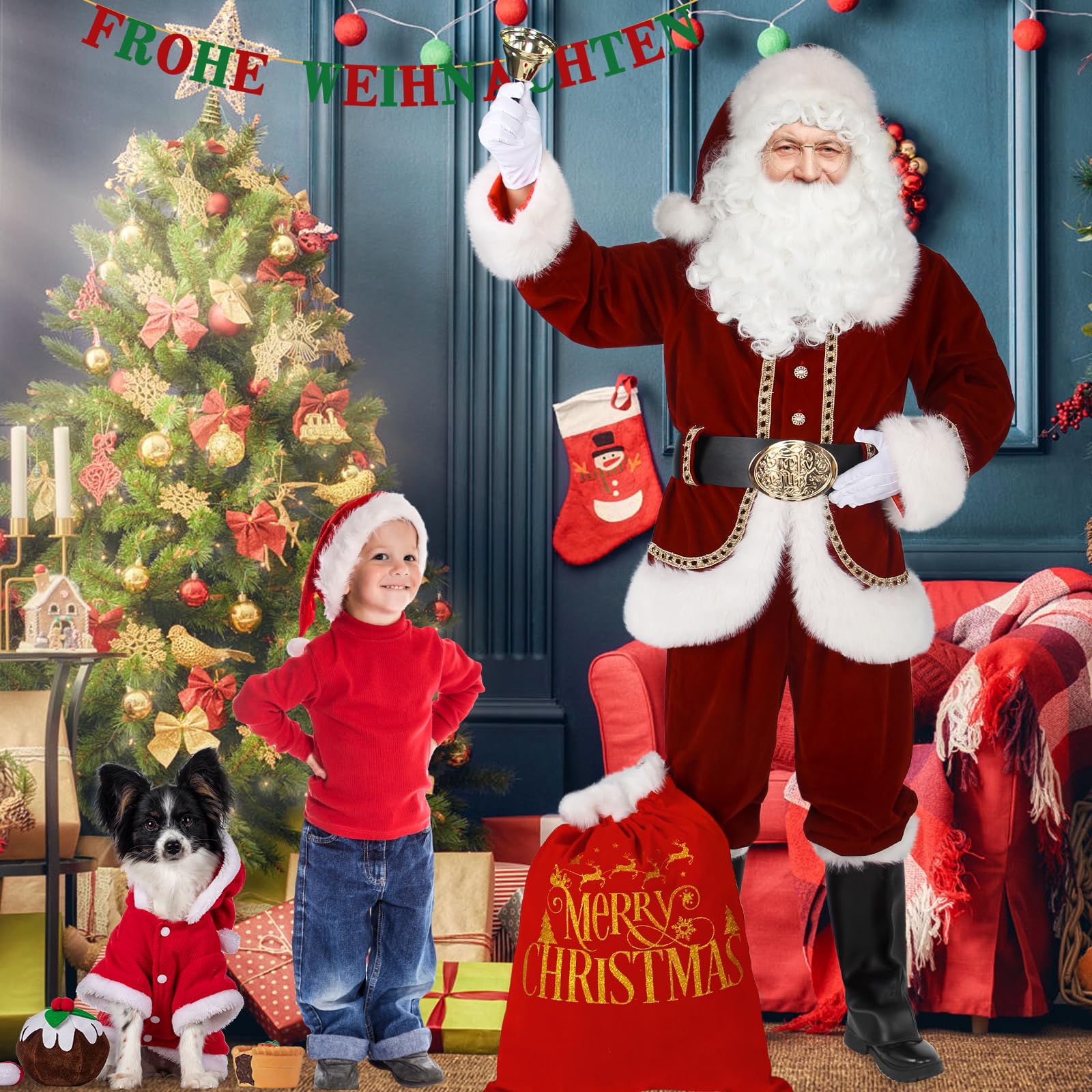 Weihnachtsmann Kostüm für Männer Deluxe professioneller Santa-Anzug für Erwachsene 11 teilig Rotes Herren Outfit Weihnachtsklaus-Suiten für Erwachsene
