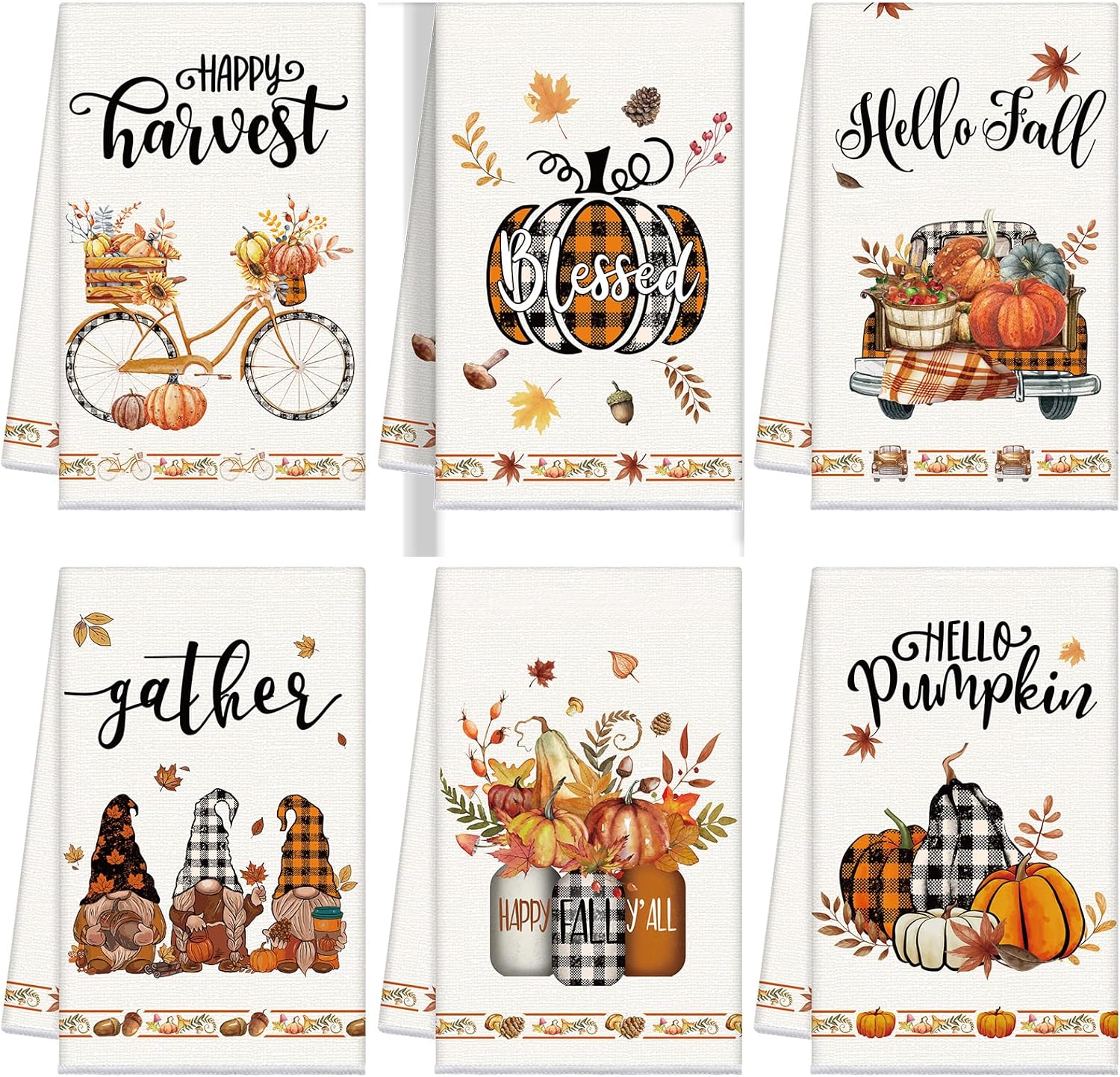 Ganeen 6 Pcs Happy Fall Kitchen Towels Sets Thanksgiving Autumn Pumpkins Fiber Hand Towels Pumpkin Tea Truck Gnomes Bikers Harvest Dishtowels Gifts for Farmhouse Home Kitchen