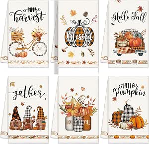Ganeen 6 Pcs Fall Kitchen Hand Towels Vintage Pumpkin Gnomes Fiber