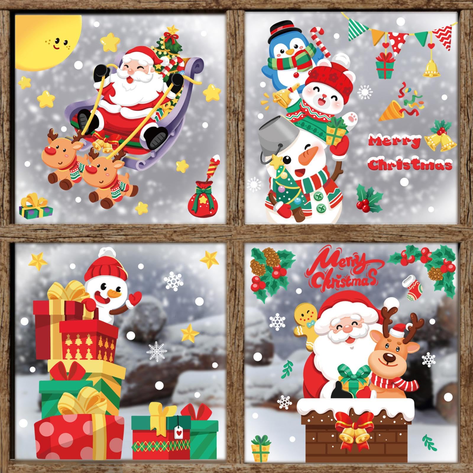 Ladlebroom Christmas Decoration Snowflake Stickers, Santa Claus, Elk, Snowman Static Stickers, Merry Christmas Window Stickers