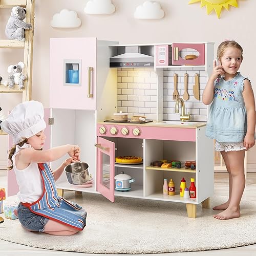 Miniatura 9 de Costzon Juego de cocina para niños, cocina de madera con parrilla de barbacoa, máquina de hielo, campana extractora, pizarra y accesorios de cocina,