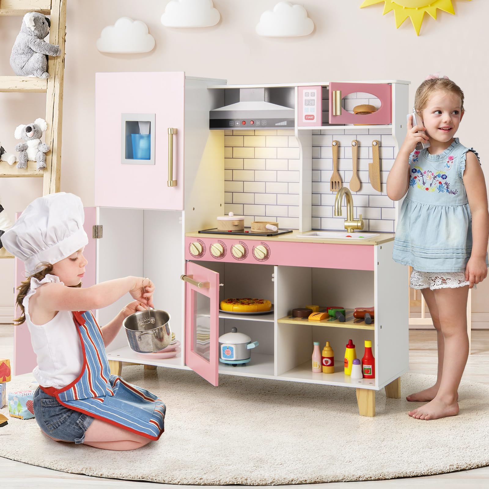 DREAMADE Kinderküche Holz mit 10 TLG. Zubehör, Holzküche Kinder Küche mit Herd Dunstabzugshaube Eismaschine Ofen, Spielküche mit Licht und Sound für Kinder ab 3 Jahren (Rosa)