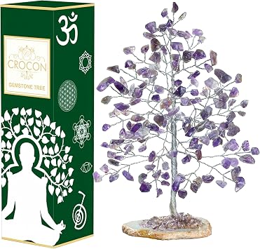 Crocon Amethyst Gemstone Money Tree Agate Slice Base Gemstone Tree of Life | Gifts for Women Feng Shui Figurine Reiki Healing Crystals Chakra Meditation Good Luck Spiritual Ornament Home Decoration, 7"