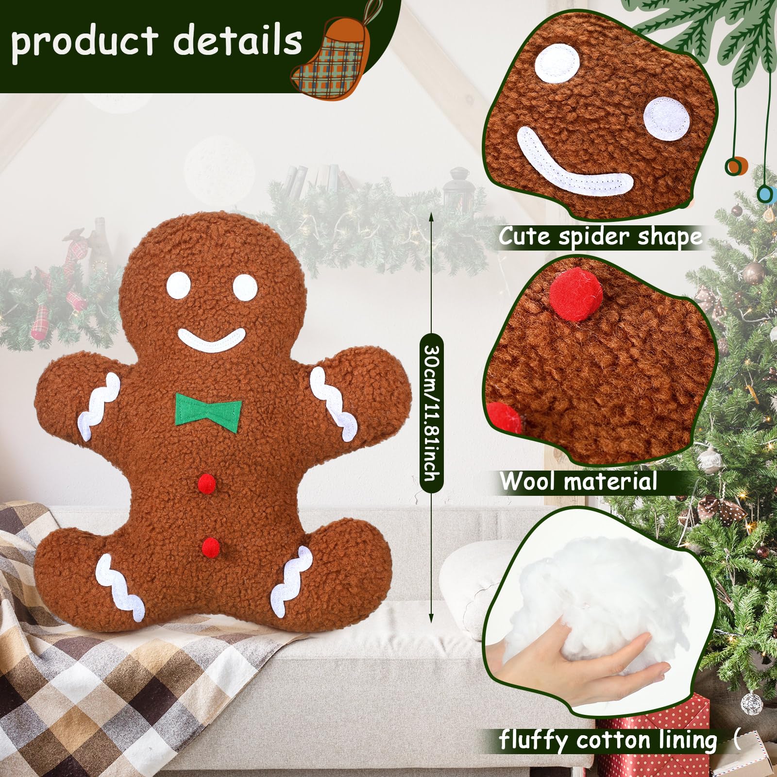 Christmas Gingerbread Man Pillow Plush Shape St￭ Gingerman Throw Pillows For Sofa Cushion Christmas Party Pillow,15.7